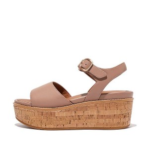 Beige Women's FitFlop Eloise Cork-Wrap Leather Wedge Sandals | 397OQDAZY