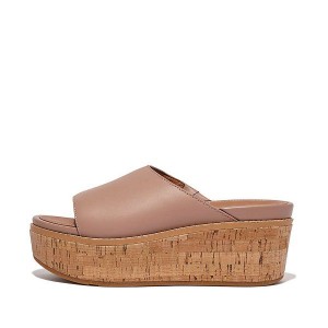 Beige Women's FitFlop Eloise Cork-Wrap Leather Wedge Slides | 425ZILPSN