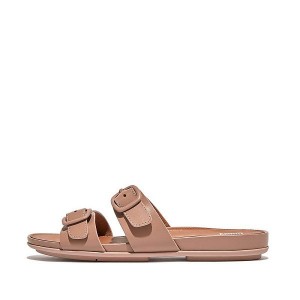 Beige Women's FitFlop Gracie Buckle Two Bar Leather Slides | 038QHDMBF