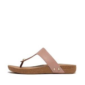 Beige Women's FitFlop Iqushion Leather Toe-Post Sandals | 504TIKZPV