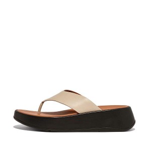 Beige / Black Women's FitFlop F-Mode Luxe Leather Flatform Toe-Post Sandals | 367HUVQPR