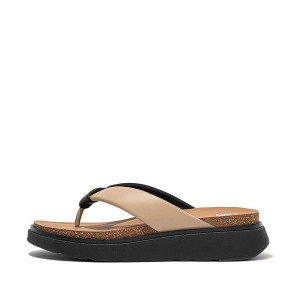 Beige / Black Women's FitFlop Gen-Ff Padded Strap Leather Toe-Post Sandals | 549ZVQMJX