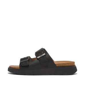 Black Men's FitFlop Gen-Ff Buckle Two Bar Leather Slides | 741IUAYMJ