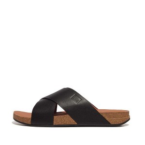 Black Men's FitFlop Iqushion Leather Cross Slides | 214TBOFJP