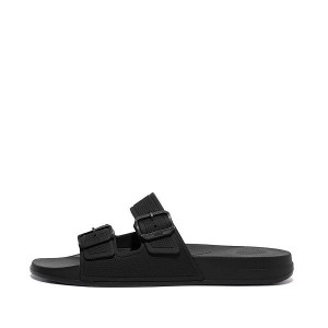 Black Men's FitFlop Iqushion Two Bar Buckle Slides | 693VXWEOJ