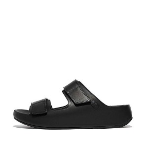 Black Men's FitFlop Samel Adjustable Leather Slides | 943EZUQBA