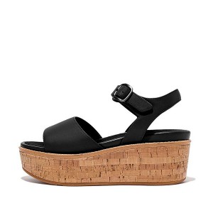 Black Women's FitFlop Eloise Cork-Wrap Leather Wedge Sandals | 713PZFRHO