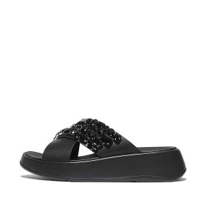 Black Women's FitFlop F-Mode Jewel Deluxe Leather Flatform Cross Slides | 246XIMRNV