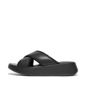 Black Women's FitFlop F-Mode Leather Flatform Cross Slides | 028DZAWQJ