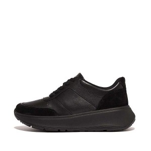 Black Women's FitFlop F-Mode Leather Suede Flatform Sneakers | 403HRJEOM