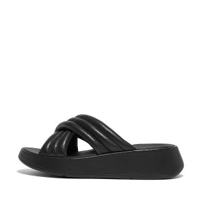 Black Women's FitFlop F-Mode Padded Leather Flatform Cross Slides | 067HULXMR