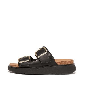 Black Women's FitFlop Gen-Ff Buckle Two Bar Leather Slides | 817TEQINU