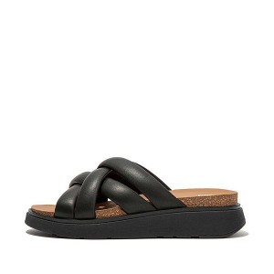 Black Women's FitFlop Gen-Ff Padded Strap Leather Slides | 849ATXFIK