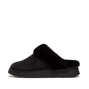 Black Women's FitFlop Gen-Ff Shearling Collar Suede Slippers | 863VRXGTY