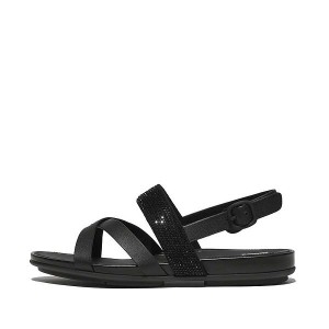 Black Women's FitFlop Gracie Crystal Leather Strappy Back-Strap Sandals | 096CXPTGW