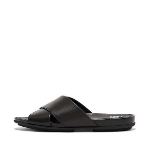 Black Women's FitFlop Gracie Leather Cross Slides | 527LYJFGE