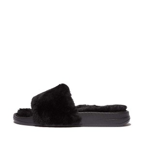 Black Women's FitFlop Iqushion Shearling Slides | 589OBDLYZ