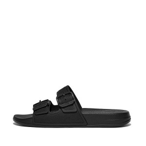 Black Women's FitFlop Iqushion Two Bar Buckle Slides | 163OFJYZQ