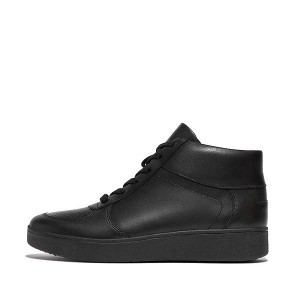 Black Women's FitFlop Rally Perf Leather Mid Top Panel Sneakers | 502DGNELI