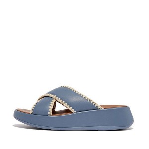 Blue Women's FitFlop F-Mode Leather Flatform Cross Slides | 214XDQLIT