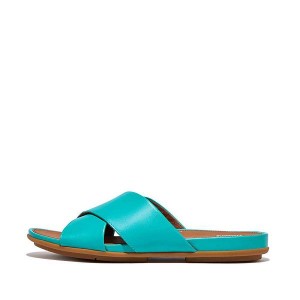 Blue Women's FitFlop Gracie Leather Cross Slides | 803HFVCGY