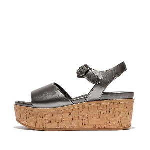 Blue / Grey Women's FitFlop Eloise Cork-Wrap Metallic Leather Back-Strap Wedge Sandals | 394PYCOQN