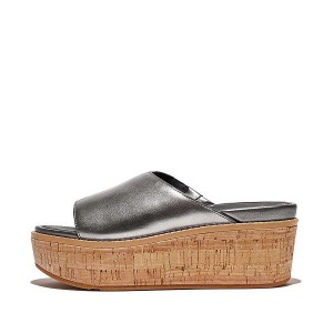 Blue / Grey Women's FitFlop Eloise Cork-Wrap Metallic Leather Wedge Slides | 867LXRVBS