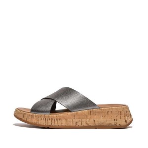 Blue / Grey Women's FitFlop F-Mode Metallic Leather Cork Flatform Cross Slides | 872MENVFB