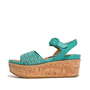 Blue / White Women's FitFlop Eloise Cork-Wrap Woven Back-Strap Wedge Sandals | 108RJKACP