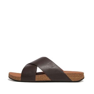 Brown Men's FitFlop Iqushion Leather Cross Slides | 831DCSHPM