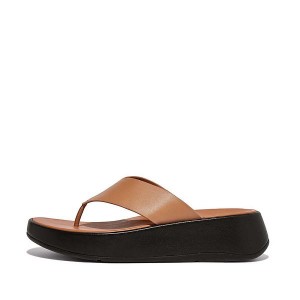 Brown Women's FitFlop F-Mode Luxe Leather Flatform Toe-Post Sandals | 498JTFLOU