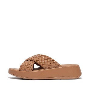 Brown Women's FitFlop F-Mode Woven Leather Flatform Cross Slides | 175FCKHMJ