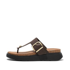 Brown Women's FitFlop Gen-Ff Buckle Leather Toe-Post Sandals | 820JDRALN