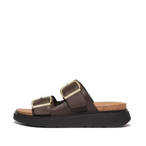 Brown Women's FitFlop Gen-Ff Buckle Two Bar Leather Slides | 426GSFNXU