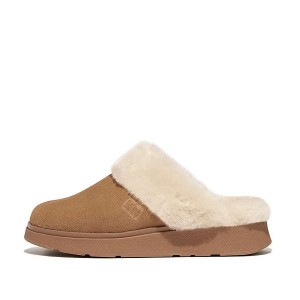 Brown Women's FitFlop Gen-Ff Shearling Collar Suede Slippers | 061ZTICJV