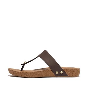 Brown Women's FitFlop Iqushion Leather Toe-Post Sandals | 179KECYRV