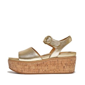 Brown / Gold Women's FitFlop Eloise Cork-Wrap Metallic Leather Back-Strap Wedge Sandals | 413DAZICB