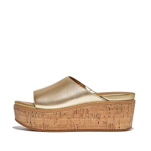 Brown / Gold Women's FitFlop Eloise Cork-Wrap Metallic Leather Wedge Slides | 915FSKPMX