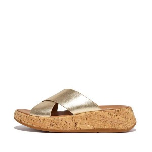 Brown / Gold Women's FitFlop F-Mode Metallic Leather Cork Flatform Cross Slides | 347XENBQT