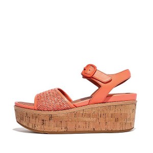 Coral Women's FitFlop Eloise Cork-Wrap Woven Back-Strap Wedge Sandals | 625PKUEVA