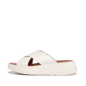 Cream Women's FitFlop F-Mode Leather Flatform Cross Slides | 271RHTOQV