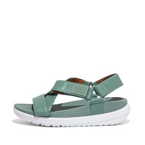 Green Women's FitFlop Loosh Leather Cross Strap Sandals | 367DTMIYX