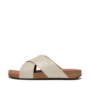 Grey Men's FitFlop Iqushion Leather Cross Slides | 319QKNOFA