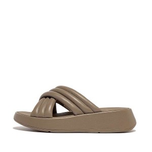 Grey Women's FitFlop F-Mode Padded Leather Flatform Cross Slides | 594XFPNJL