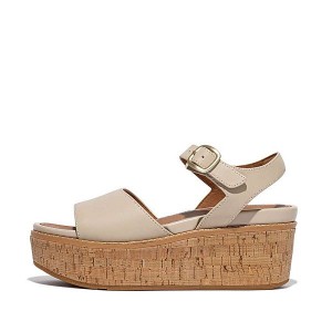 Grey / Beige Women's FitFlop Eloise Cork-Wrap Leather Wedge Sandals | 680UTMZDJ