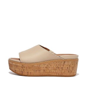 Grey / Beige Women's FitFlop Eloise Cork-Wrap Leather Wedge Slides | 615GRAIJS