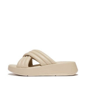 Grey / Beige Women's FitFlop F-Mode Padded Leather Flatform Cross Slides | 843IXYFAV