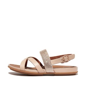 Grey / Beige Women's FitFlop Gracie Crystal Leather Strappy Back-Strap Sandals | 083ZXNIGT