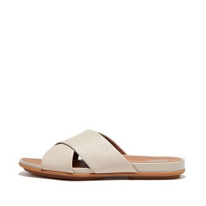 Grey / Beige Women's FitFlop Gracie Leather Cross Slides | 504HDQJAE