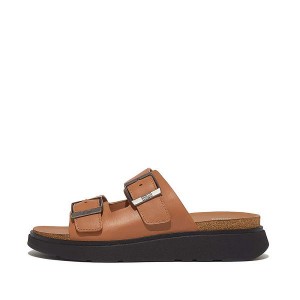 Light Brown Men's FitFlop Gen-Ff Buckle Two Bar Leather Slides | 538FYLWKS